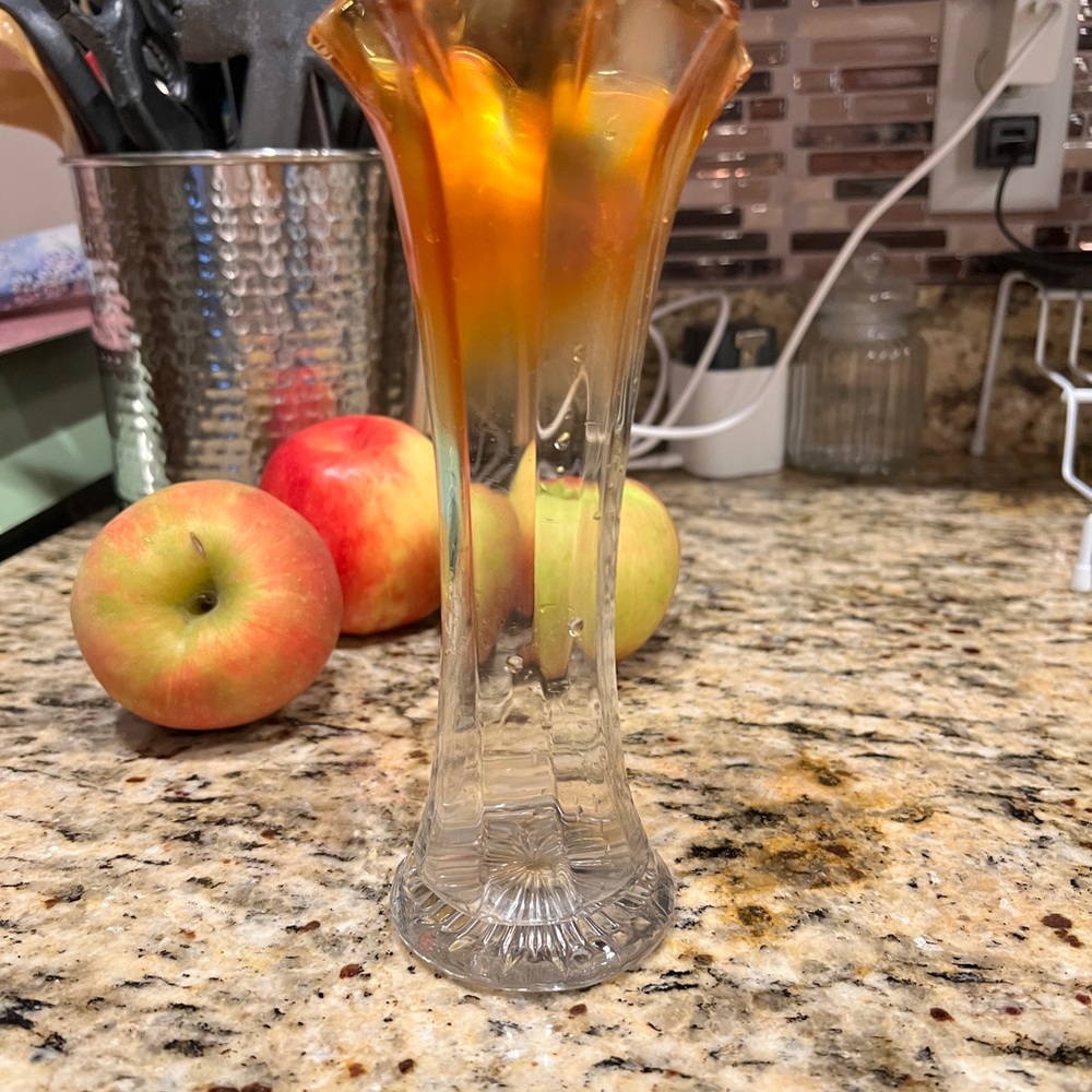 Vintage Elegant Orange Marigold Carnival Glass Ruffle Vase 8 inches